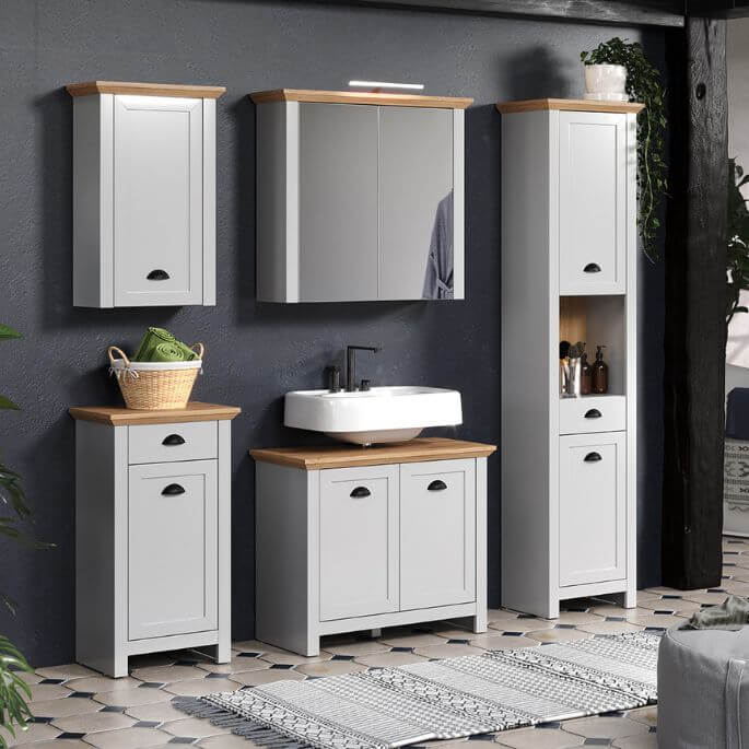 Ensemble de salle de bain de style campagne, en gris clair et chêne